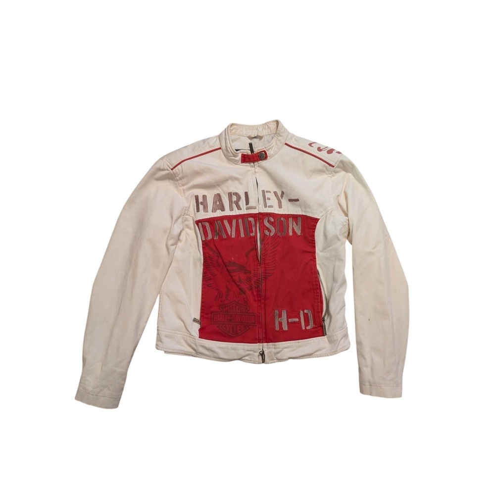 Vintage y2k Harley Davidson Ivory Red Embroidered Eagle Bomber‎ Riding Jacket S